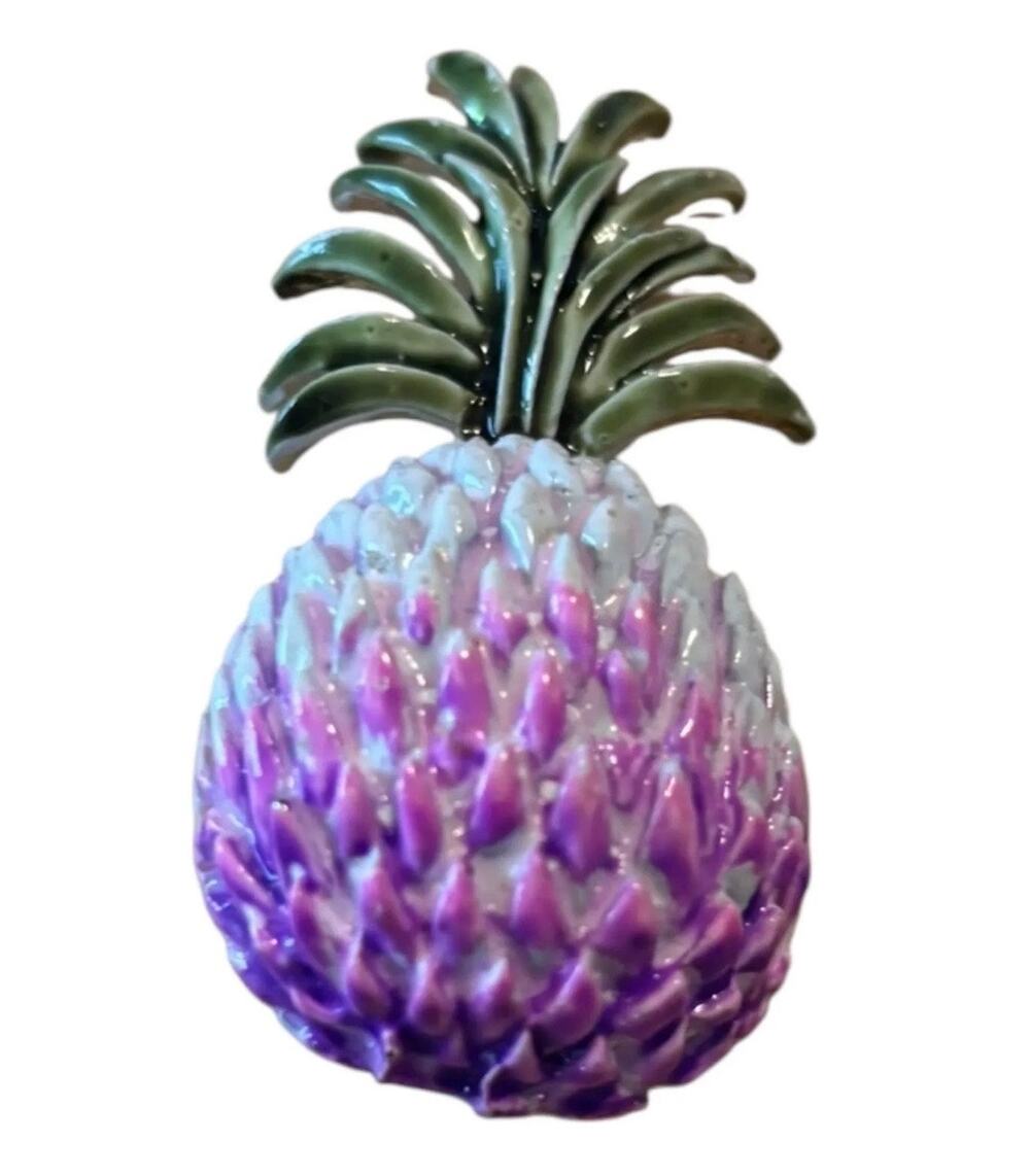 Vintage Purple Enamel Pineapple Brooch Tropical Fruit Pin Green Leaves